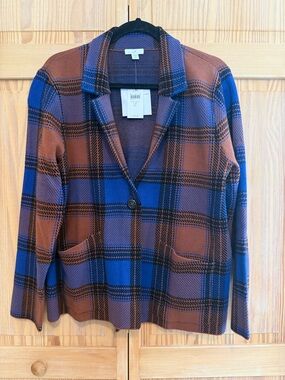 NWT JJill Wearever Plaid Sweater-Jacket Blue and Rust